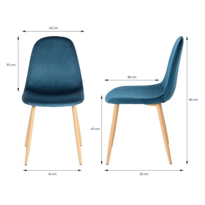Lot de 4 chaises en velours bleu - L 45 x P 53 x H 85 cm - CLODY