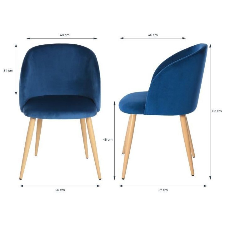Lot de 2 chaises en velours bleu - Pieds en métal - L 55 x P 45 x H 9