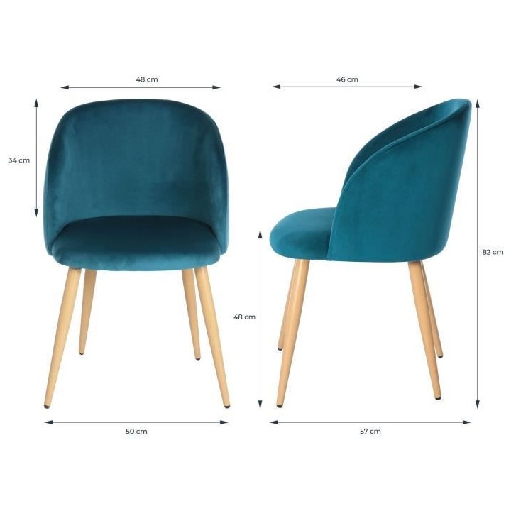 Lot de 2 chaises en velours bleu canard - Pieds en métal - L 55 x P 4