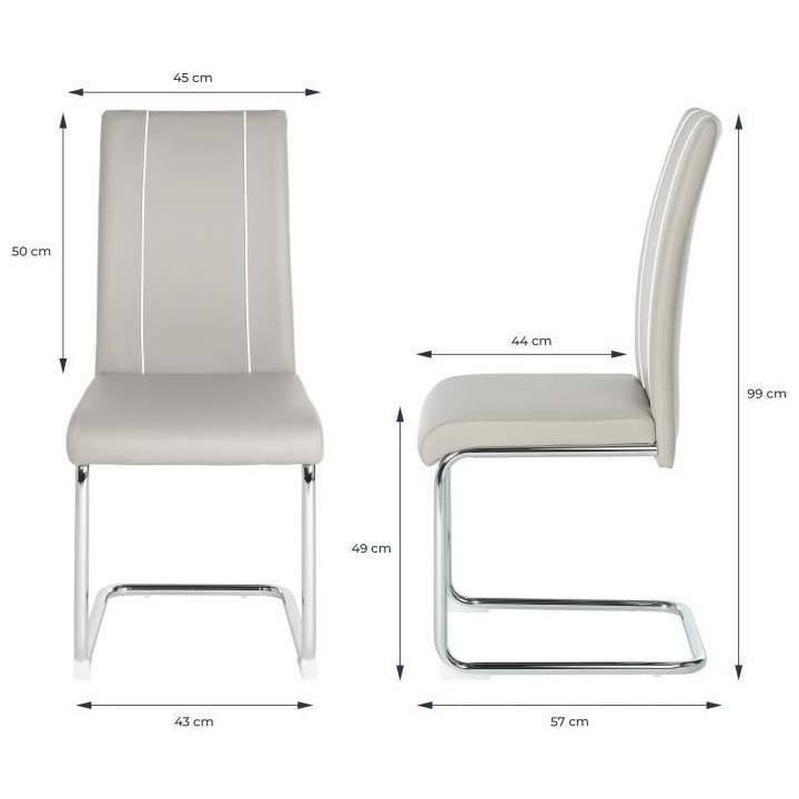 Lot de 2 chaises - Simili gris clair - Pieds en métal - L 44 x P 56 x