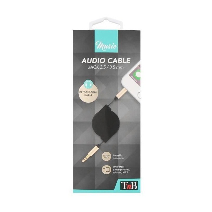T'nB Câble Rétractable Jack 3.5mm - Noir et Or - 110 cm