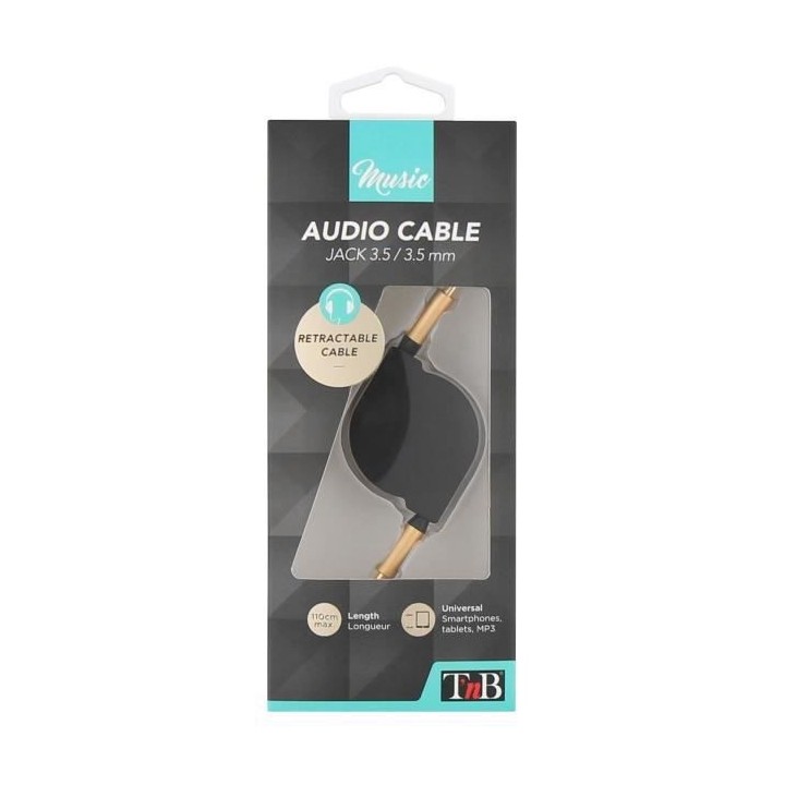 T'nB Câble Rétractable Jack 3.5mm - Noir et Or - 110 cm