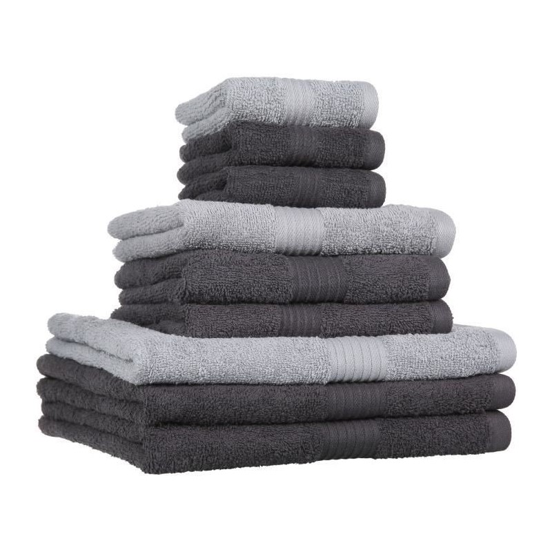 Lot de 9 serviettes de bain ESSENTIAL - 100% Coton - 50 / 90 / 130 cm - Coloris fusain et acier - TODAY