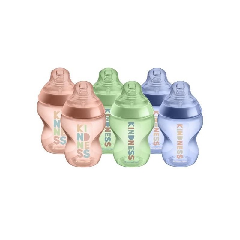 TOMMEE TIPPEE - Lot de 6 biberons Closer to Nature - Tétine valve Anti-Colique - 260ml - Multicolore