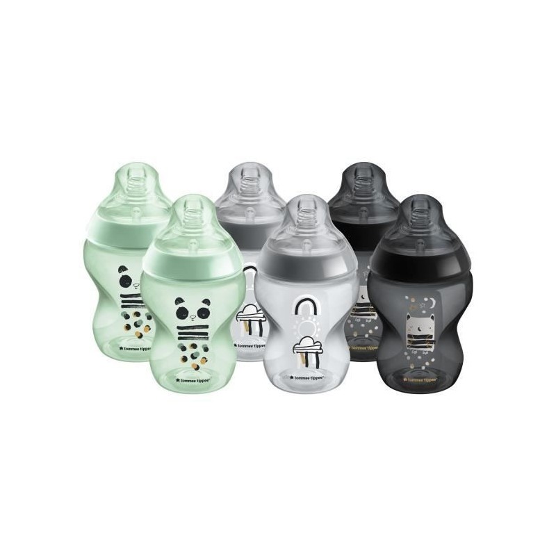 Tommee Tippee - Lot de 6 biberons Closer to Nature - Tétine valve Anti-Colique - 260ml - Chouette et Panda