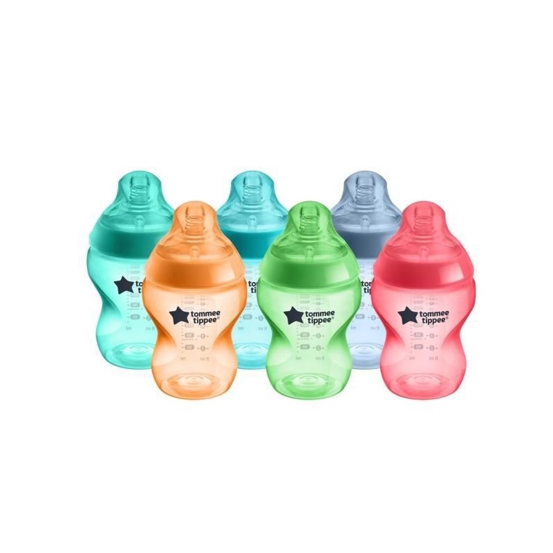 Tommee Tippee - Lot de 6 biberons Closer to Nature - Tétine valve Anti-Colique - 260ml - Multicolore