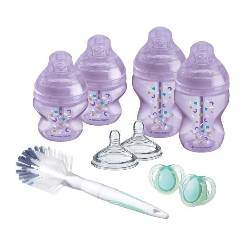 Tommee Tippee Kit Naissance Biberons Anti-Colique Avancé - Tétine valve Anti-Colique débit lent - 150 et 260 ml - Violet