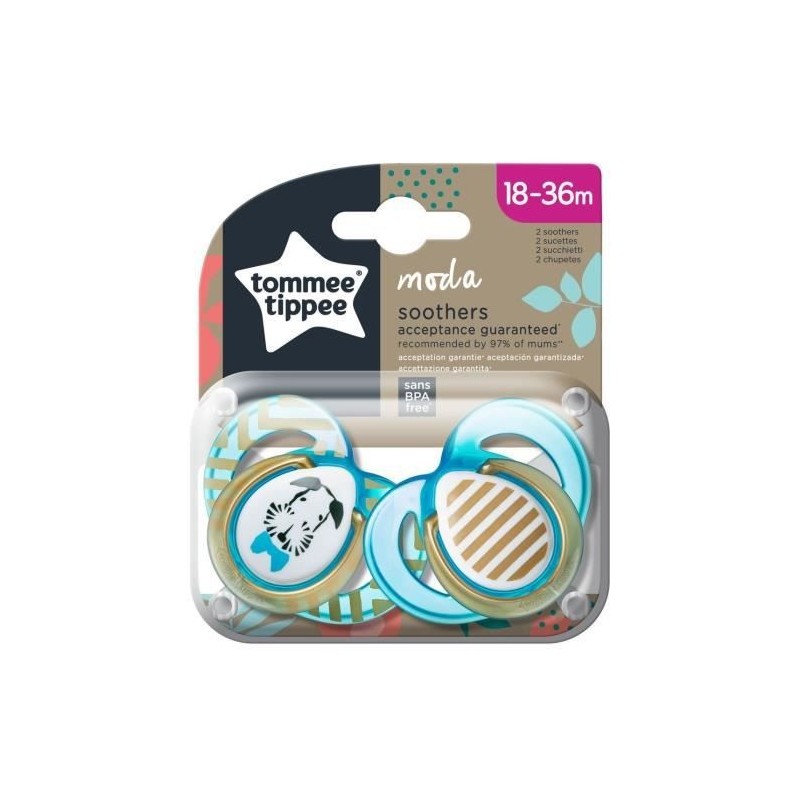 Tommee Tippee Sucette Moda 18-36m Chien Or et Bleu Rayé Lot de 2