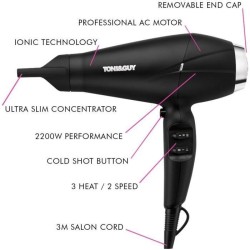 TONI&GUY TGDR5375UKE - Seche cheveux ionique avec moteur AC - 2200W - 3 niveaux de chaleur - 2 vitesses - Noir