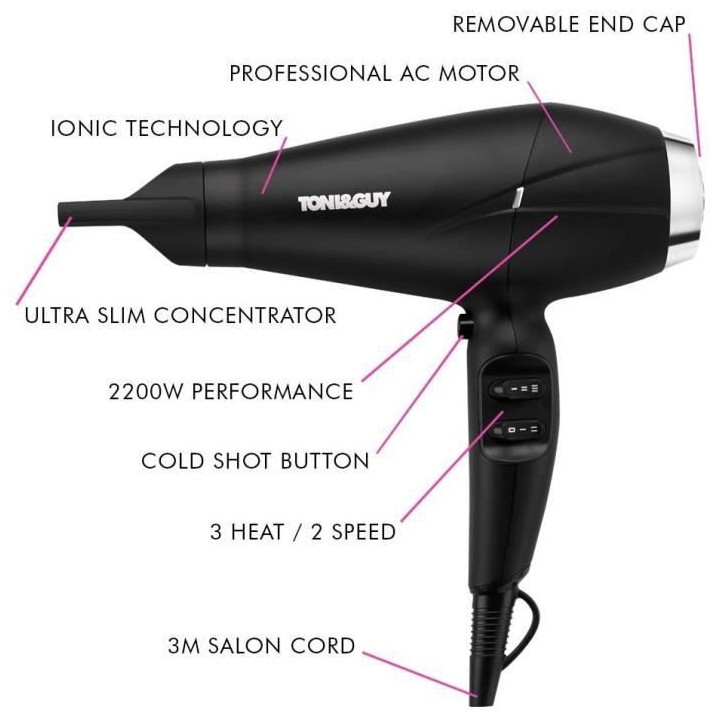 TONI&GUY TGDR5375UKE - Seche cheveux ionique avec moteur AC - 2200W -