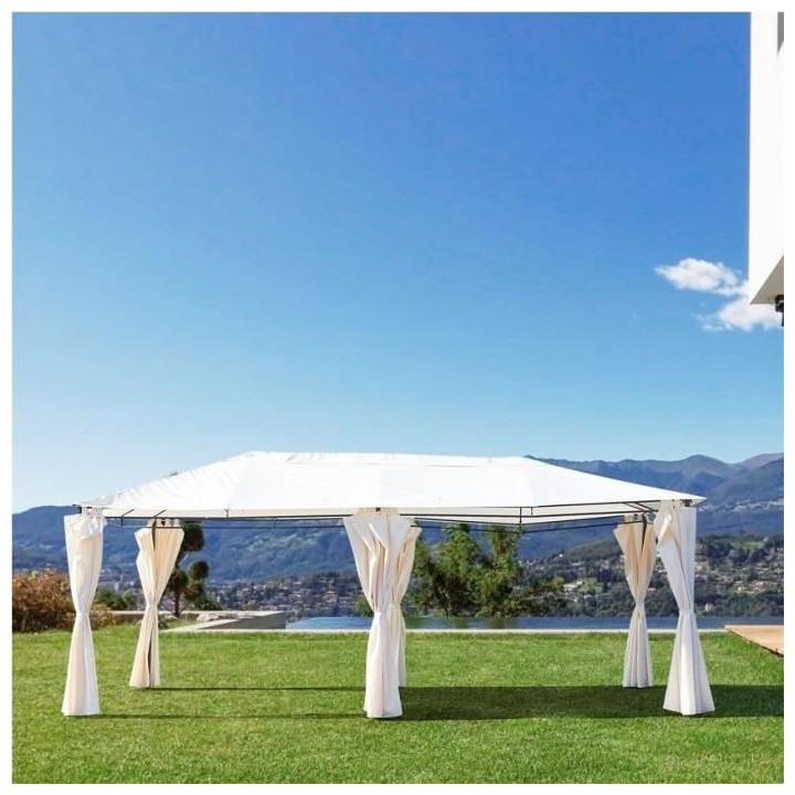 Gazebo - 3 x 6 m - Avec Rideaux - Structure Acier & Toile Polyester -