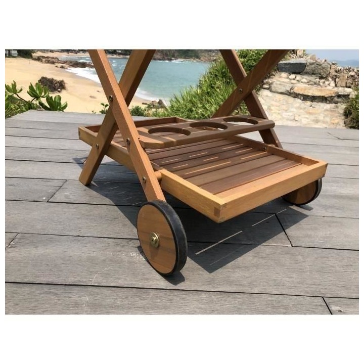 Desserte de jardin a roulettes en bois d'eucalyptus FSC - 69 x 51 x 75