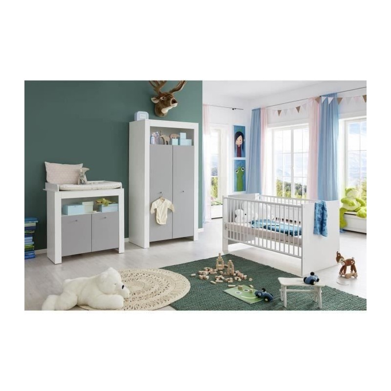 Chambre bébé Trio : Lit 70 x 140 cm + Commode a langer + Armoire PIA - Blanc et gris - TREND TEAM