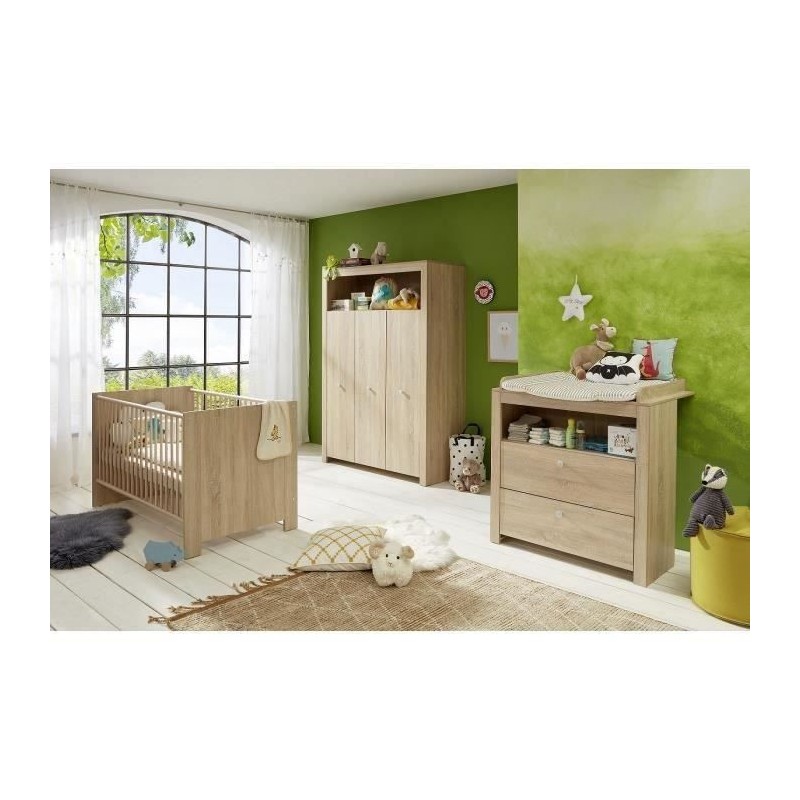 Chambre bébé Trio : Lit 70 x 140 cm + Commode a langer + Armoire OLIVIA - Chene - TREND TEAM