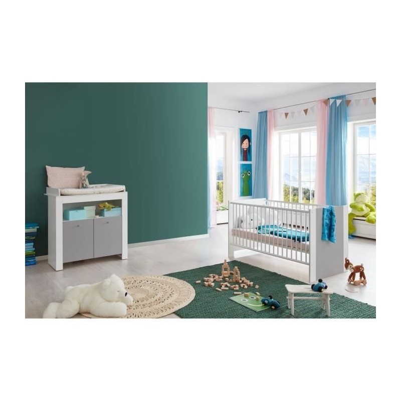 Chambre bébé Duo : Lit 70 x 140 cm + Commode a langer PIA - Blanc et gris - TREND TEAM