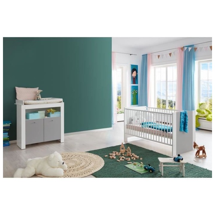Chambre bébé Duo : Lit 70 x 140 cm + Commode a langer PIA - Blanc et