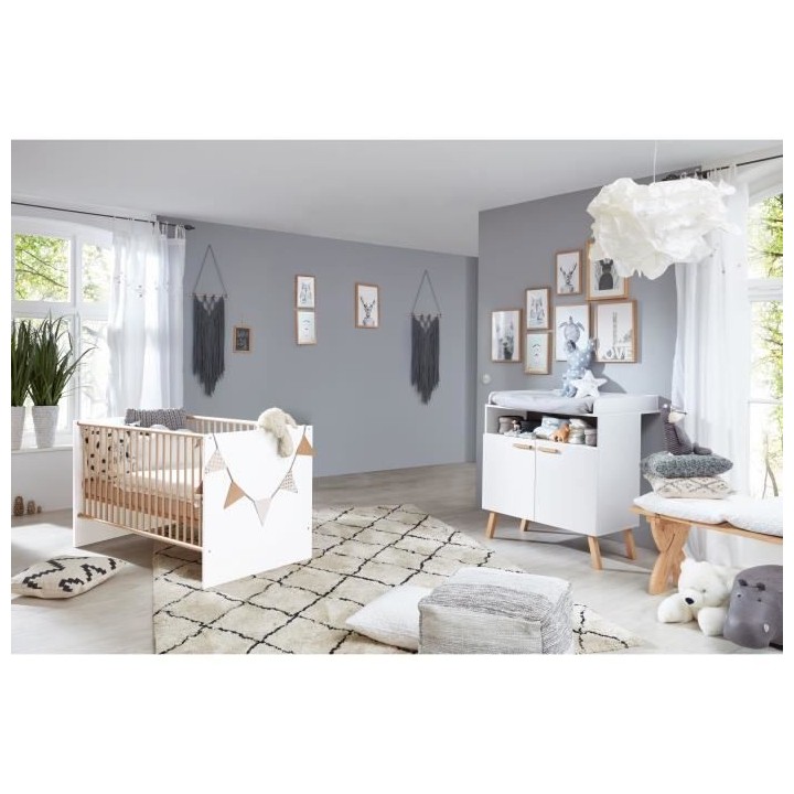 Chambre bébé Duo : Lit 70 x 140 cm + Commode a langer MATS - Blanc e