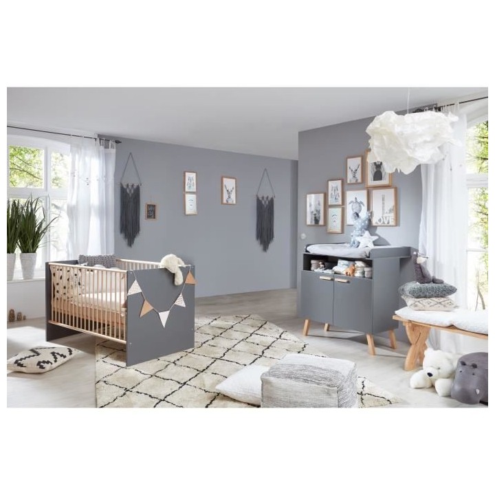 Chambre bébé Duo : Lit 70 x 140 cm + Commode a langer MATS - Gris et