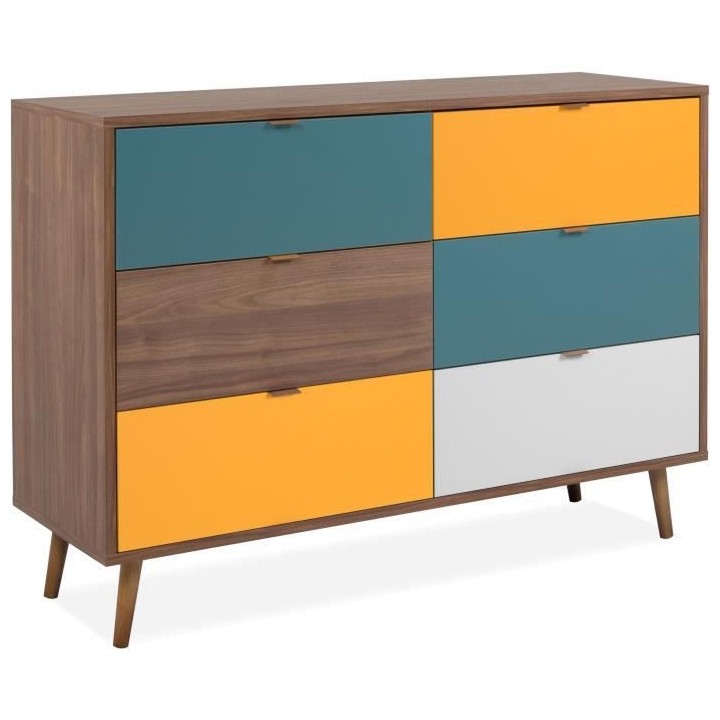 Commode 6 tiroirs - Métal et bois massif - Noyer foncé - Style rétr