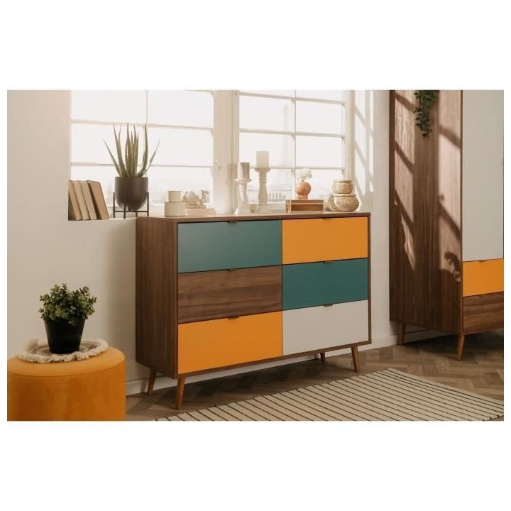 Commode 6 tiroirs - Métal et bois massif - Noyer foncé - Style rétr