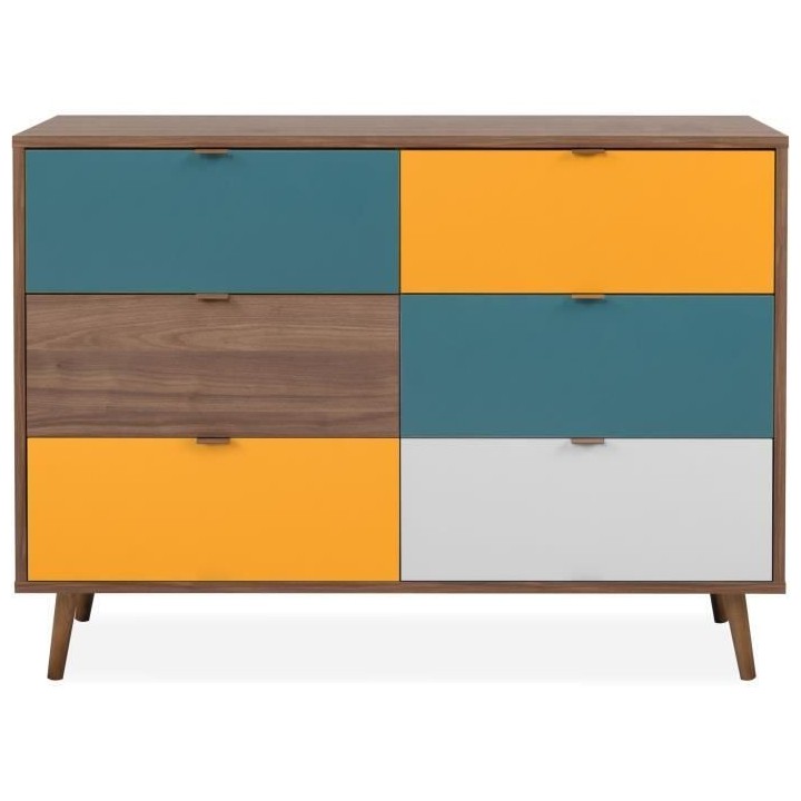 Commode 6 tiroirs - Métal et bois massif - Noyer foncé - Style rétr