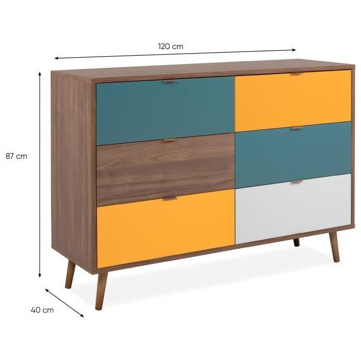 Commode 6 tiroirs - Métal et bois massif - Noyer foncé - Style rétr