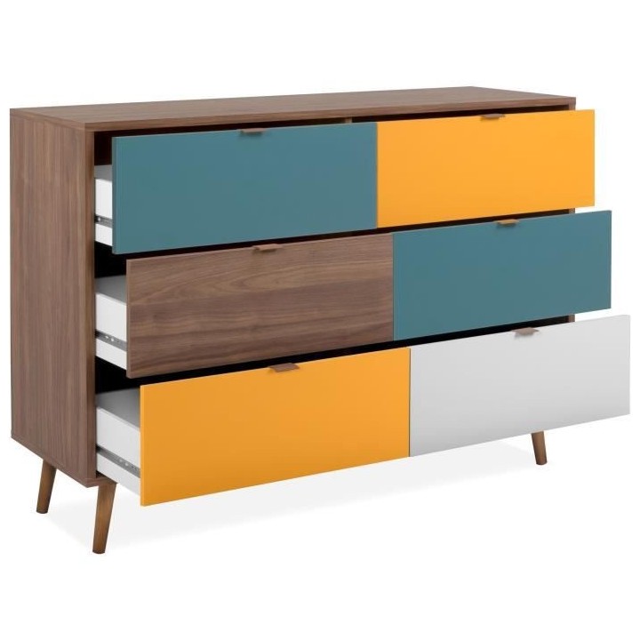 Commode 6 tiroirs - Métal et bois massif - Noyer foncé - Style rétr