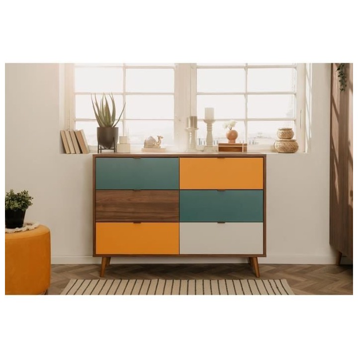 Commode 6 tiroirs - Métal et bois massif - Noyer foncé - Style rétr