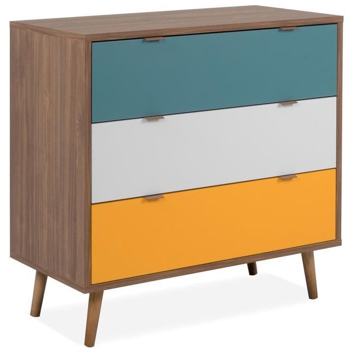 Commode 3 tiroirs - Panneau - Piétement bois massif - Noyer foncé -