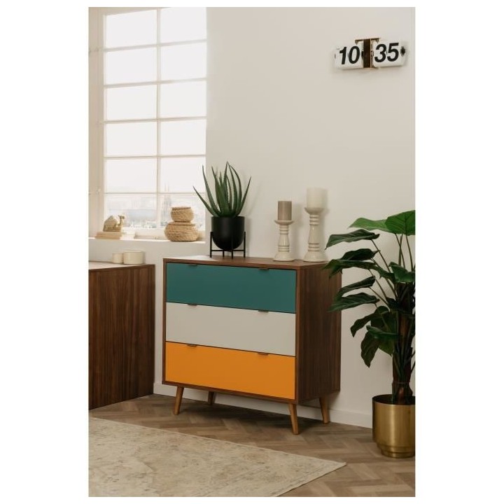 Commode 3 tiroirs - Panneau - Piétement bois massif - Noyer foncé -