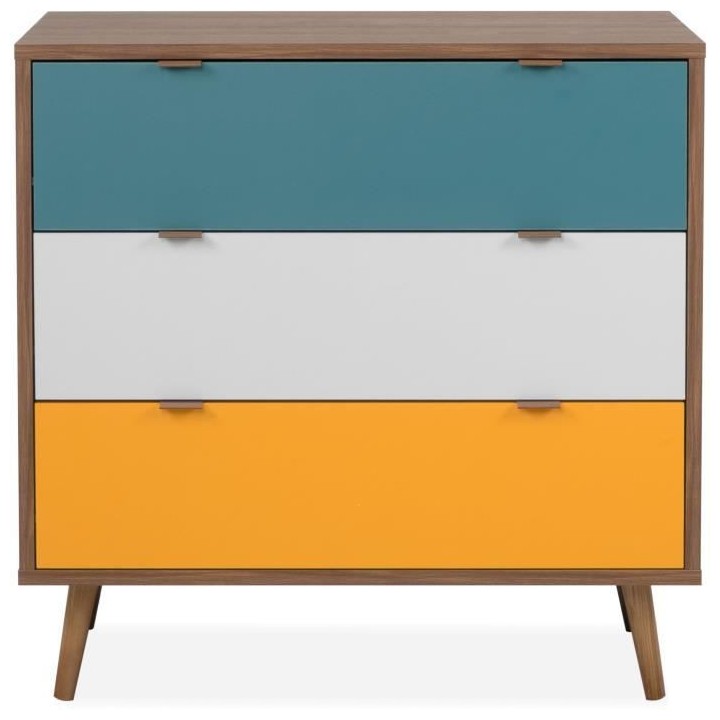 Commode 3 tiroirs - Panneau - Piétement bois massif - Noyer foncé -