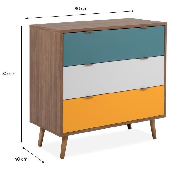 Commode 3 tiroirs - Panneau - Piétement bois massif - Noyer foncé -