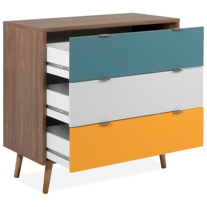 Commode 3 tiroirs - Panneau - Piétement bois massif - Noyer foncé -