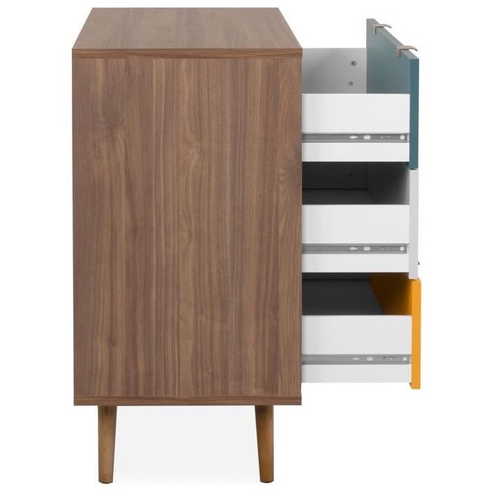 Commode 3 tiroirs - Panneau - Piétement bois massif - Noyer foncé -