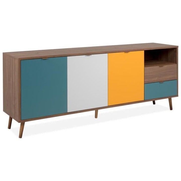 Buffet 3 portes 2 tiroirs - Panneau- Piétement massif- Noyer foncé -