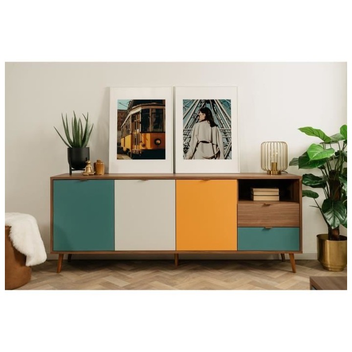 Buffet 3 portes 2 tiroirs - Panneau- Piétement massif- Noyer foncé -