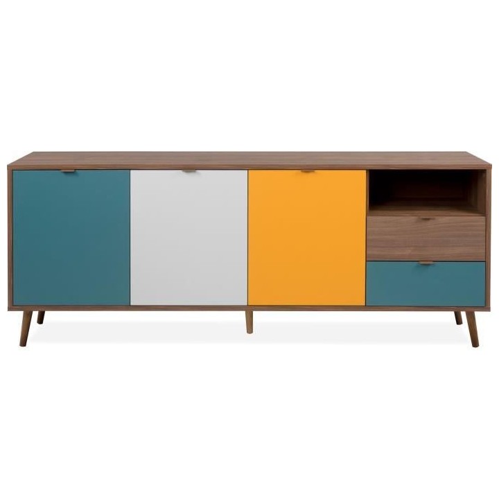 Buffet 3 portes 2 tiroirs - Panneau- Piétement massif- Noyer foncé -