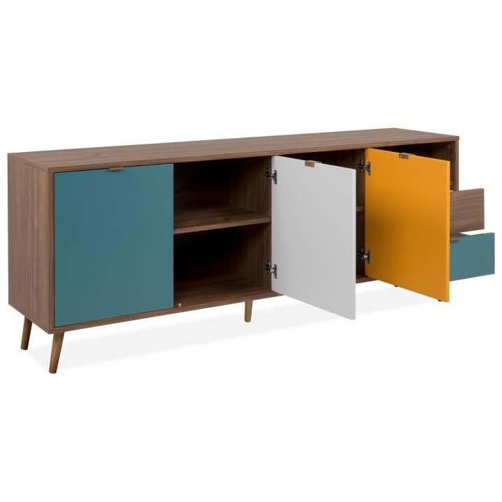 Buffet 3 portes 2 tiroirs - Panneau- Piétement massif- Noyer foncé -