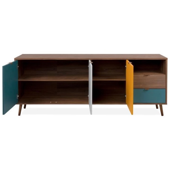 Buffet 3 portes 2 tiroirs - Panneau- Piétement massif- Noyer foncé -