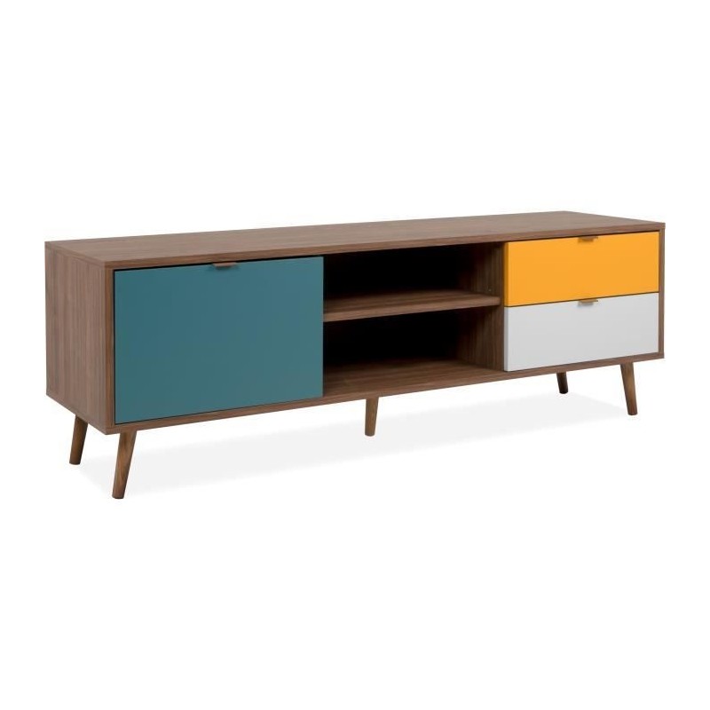 Meuble TV - Panneau - Pied en bois massif - Noyer foncé - Style rétro-vintage - L153 x P40 x H52 cm - CUBA