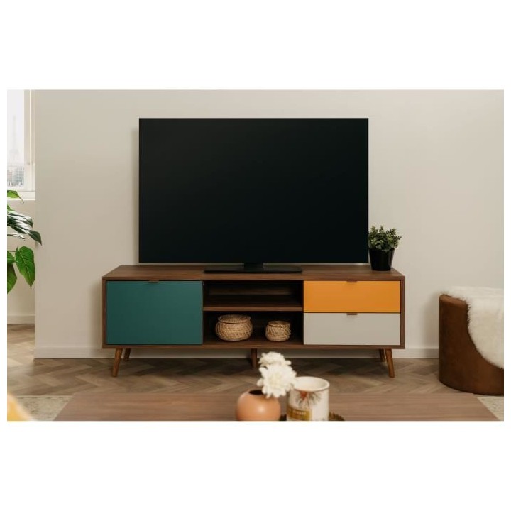 Meuble TV - Panneau - Pied en bois massif - Noyer foncé - Style rétr