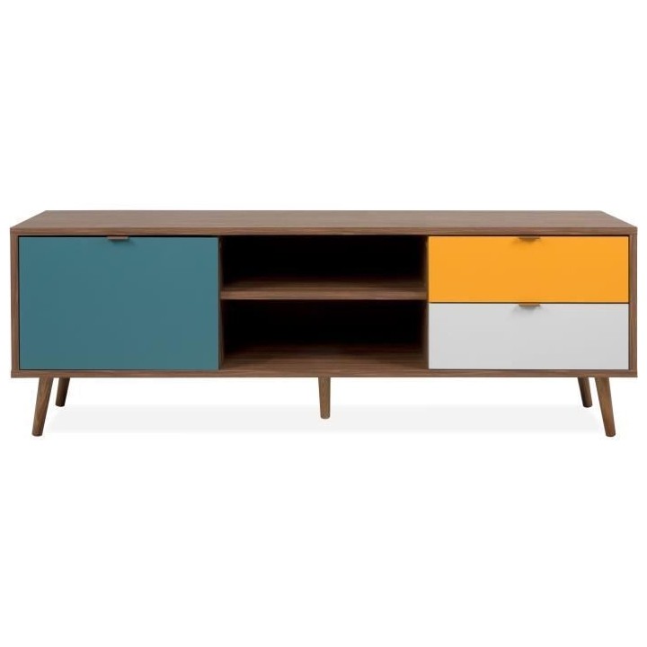 Meuble TV - Panneau - Pied en bois massif - Noyer foncé - Style rétr