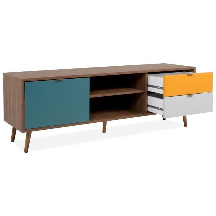 Meuble TV - Panneau - Pied en bois massif - Noyer foncé - Style rétr