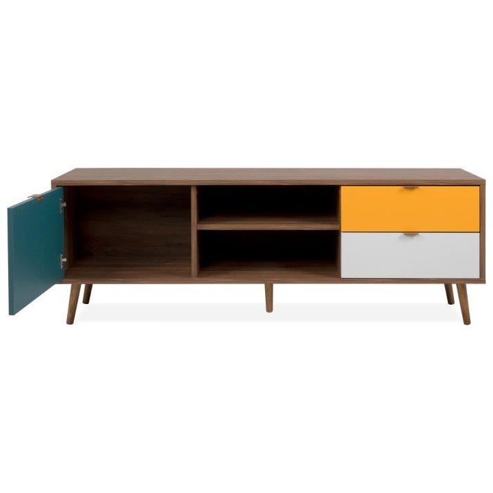 Meuble TV - Panneau - Pied en bois massif - Noyer foncé - Style rétr