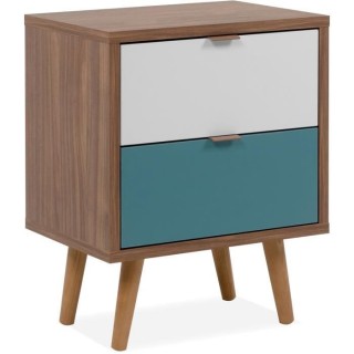 Chevet 2 tiroirs - Panneau - Pieds en bois massif - Noyer foncé - Sty