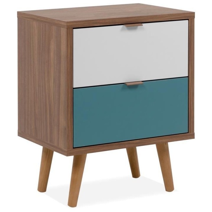 Chevet 2 tiroirs - Panneau - Pieds en bois massif - Noyer foncé - Sty