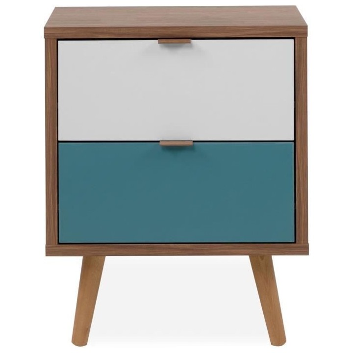 Chevet 2 tiroirs - Panneau - Pieds en bois massif - Noyer foncé - Sty