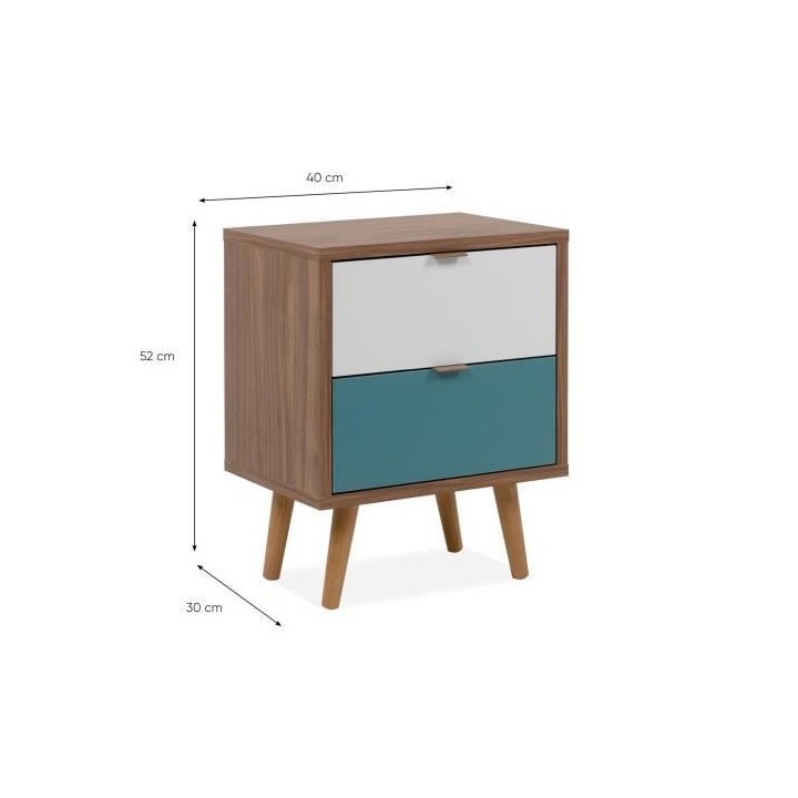 Chevet 2 tiroirs - Panneau - Pieds en bois massif - Noyer foncé - Sty