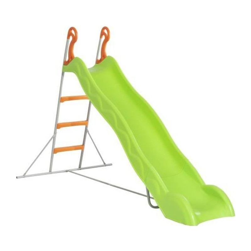 Toboggan LINOU de 2,63m de glisse , coloris vert avec 3 echelons anti-dérapants coloris orange, structure métal coloris gris.