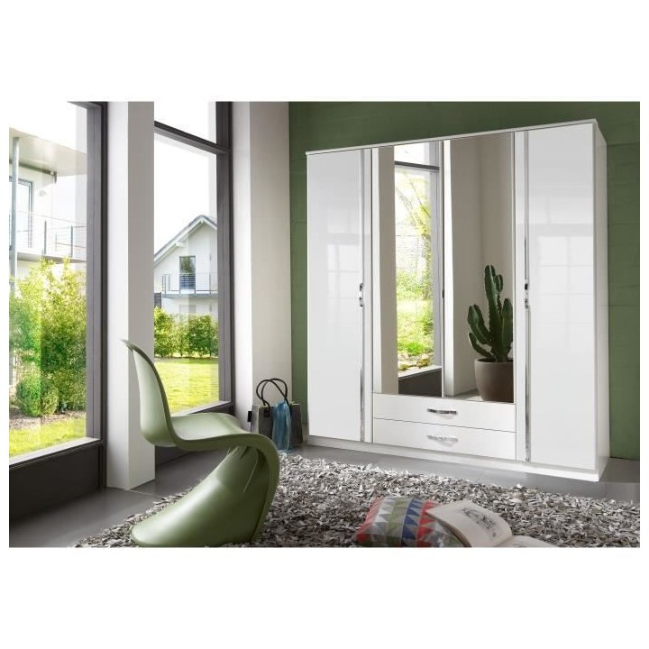 Armoire - Panneaux de particules - Décor blanc - 4 portes - L 180 x P